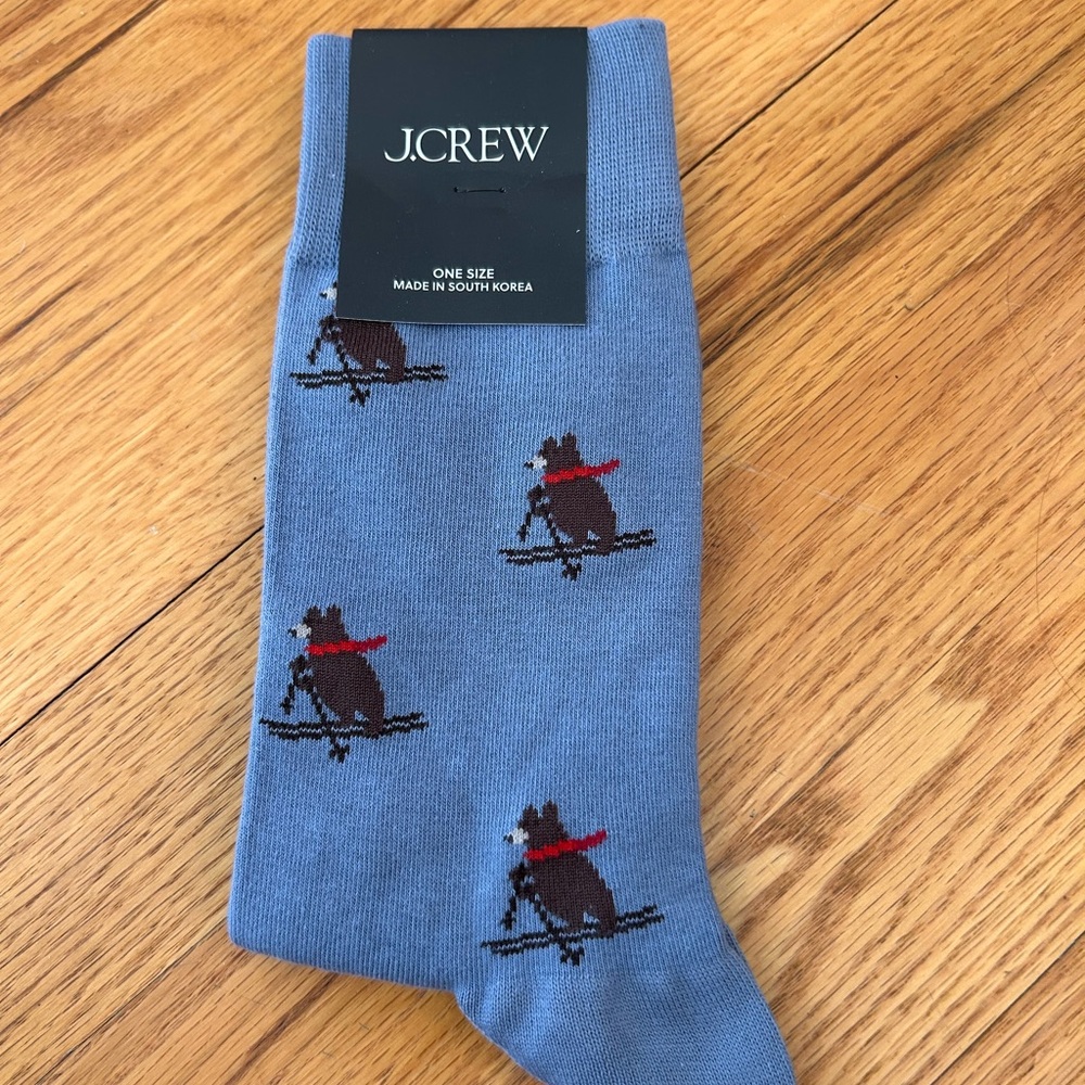 J. Crew Blue Men's Novelty Ski Bear Dress Socks with Red Accents